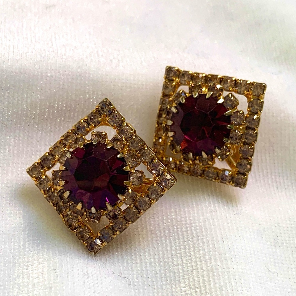 Vintage Sparkling Purple and Clear Rhinestone Clip Earrings